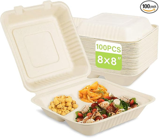 Greensight Compostable Take Out Container 8x8, Disposable To Go Food Boxes With 3 Compartments, Biodegradable Clamshell Container, Eco-Friendly Made From Sugarcane Fibers