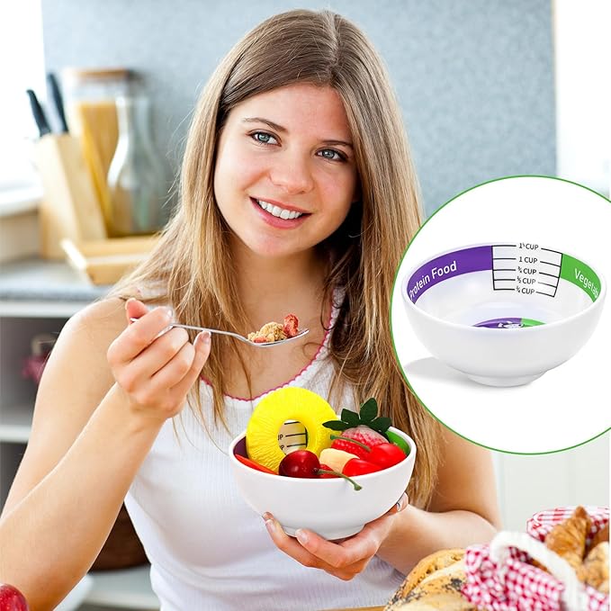 6 Pcs Bariatric Portion Control Set with 3 Bariatric Plates 3 Portion Control Bowls and Stainless Steel Flatwares for Adults Diet Balanced Eating Weight Loss Serving Plans(Simple)