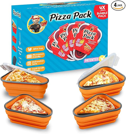 PIZZA PACK The Perfect Reusable Pizza Storage Container with 5 Microwavable Serving Trays - BPA-Free Adjustable Pizza Slice Container to Organize & Save Space, Orange 4 pk