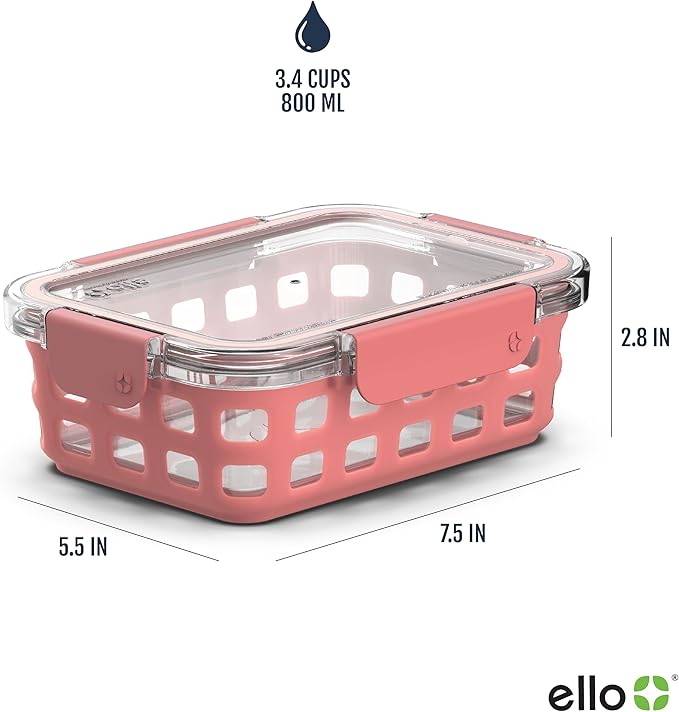 Ello Duraglass 3.4 Cup Meal Prep Sets 10Pc, 5 Pack Set- Glass Food Storage Container with Silicone Sleeve and Airtight BPA-Free Plastic Lids, Dishwasher, Microwave, and Freezer Safe, Melon