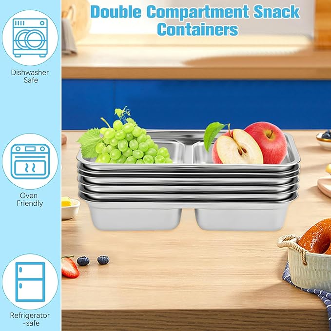 Grab and Go Snack Containers, Stainless Steel Double Compartment Snack Containers with Lids, Reusable Condiment Container-Dishwasher Safe,Travel & Outdoor Camping Food Storage (4pcs)