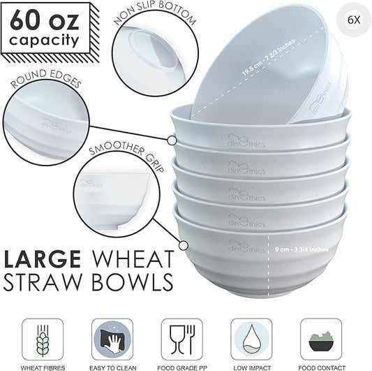6 Wheat Straw White Bowl 60 OZ - Deep Microwave Safe Bowls For Kitchen - Alternate To Large Plastic Salad Bowl Set Of 6 - PHO Bowls For Soup Cereal Salad Rice Pasta Popcorn Snack