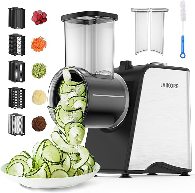 Electric Cheese Grater - 250W Electric Slicer Shredder Salad Maker with 5 Blades for Cheese, Vegetables, Fruits, and Salad, Easy One-Touch Control，5 in 1, Grey