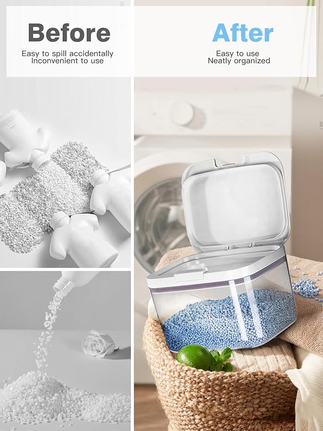 Airtight food storage containers with One-Press Lid | BPA-Free Clear PET Powder container with scoop| Stackable Pods Storage Organizer 8x6.5x9.6in 5.5L/7Lbs/120oz(270 Pods)