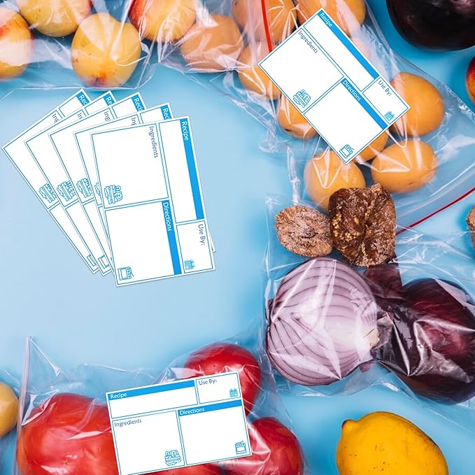 100pcs Labels for Freezer Bags Freezer Meal Labels with Instructions 3.2 X 5 inch Oil and Water Resistant Labels Food Labels for Freezer Storage for Leftovers in Fridge Removable Freezer (Blue)