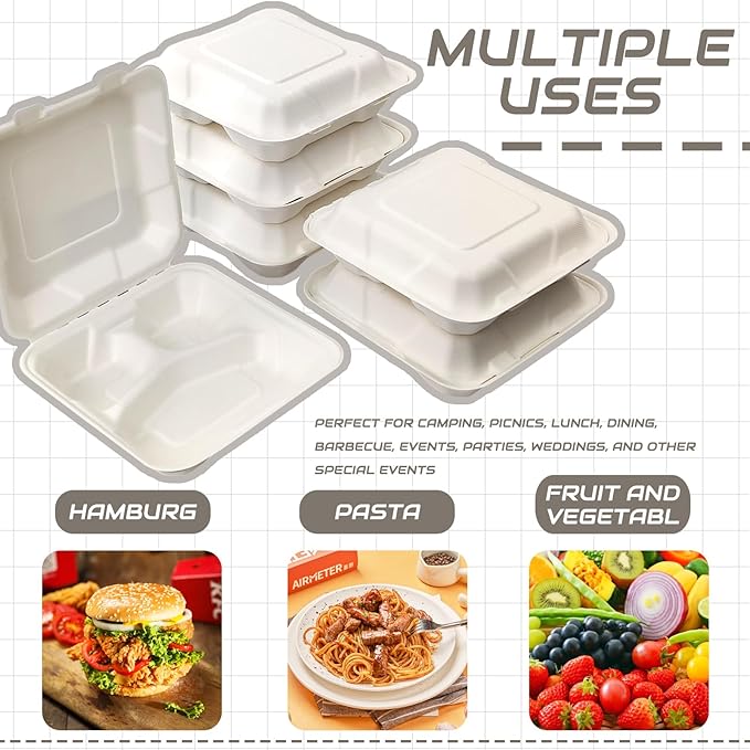 8X8 30 Pack Clamshell Take Out Food Containers, 3 Compartment To Go Containers with Lids,Disposable Compostable To Go Boxes Heavy-Duty Biodegradable (8 * 8 in, 3-Compartment)