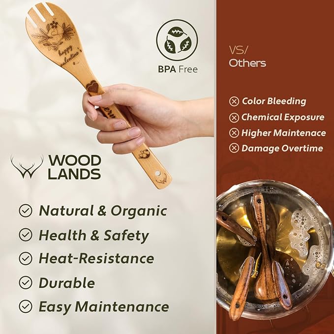 Valentine's Day Gifts for Her – Wooden Spoons for Cooking, Bamboo Kitchen Utensils Set, Unique Valentine's Day Gifts for Women, Romantic Gift Idea for Wife, Girlfriend, or Mom, Practical & Stylish