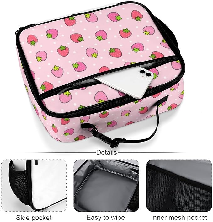 Strawberry Reusable Lunch Box Insulated Lunch Bag Cooler Bag Lunchbox Meal Food Container Tote Bag for Women Kids Girls School Camping Hiking Picnic Beach Travel
