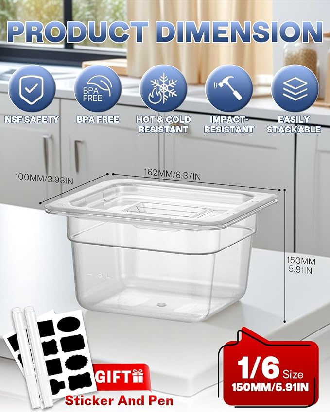 1/6 Size 6 Inch Clear NSF Polycarbonate Food Pan-15 PCS[Food Grade][Hot&Cold Resistant] Commercial Pans with Lids, Restaurant Storage Containers Hotel Pan(BPA-FREE)