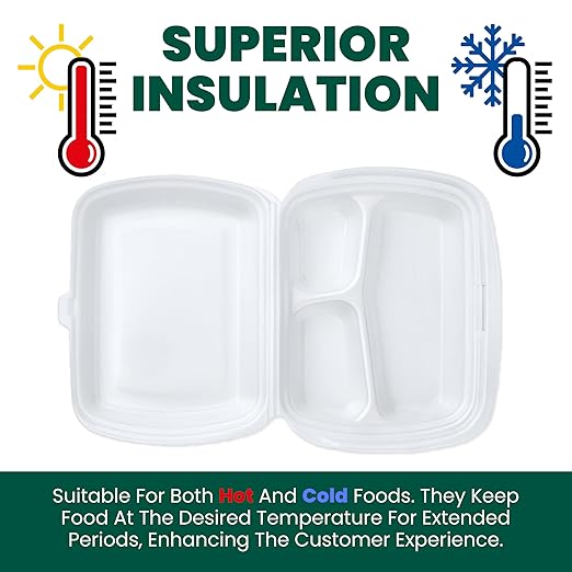 Concession Essentials Pack of 30CT Large 9 x 9 x 3.5 Inch Foam 3-Compartment Containers, White, Hinged, with Optional Venting, Polystyrene, 9"L x 9"W x 3.5"H