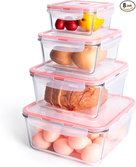 Extra Large Glass Storage Containers with Lids, Set-8-Piece Lunch Containers, Ideal for Storing Food, Vegetables, Fruits, Baking Cake & lot of other Tasty Food (Square)