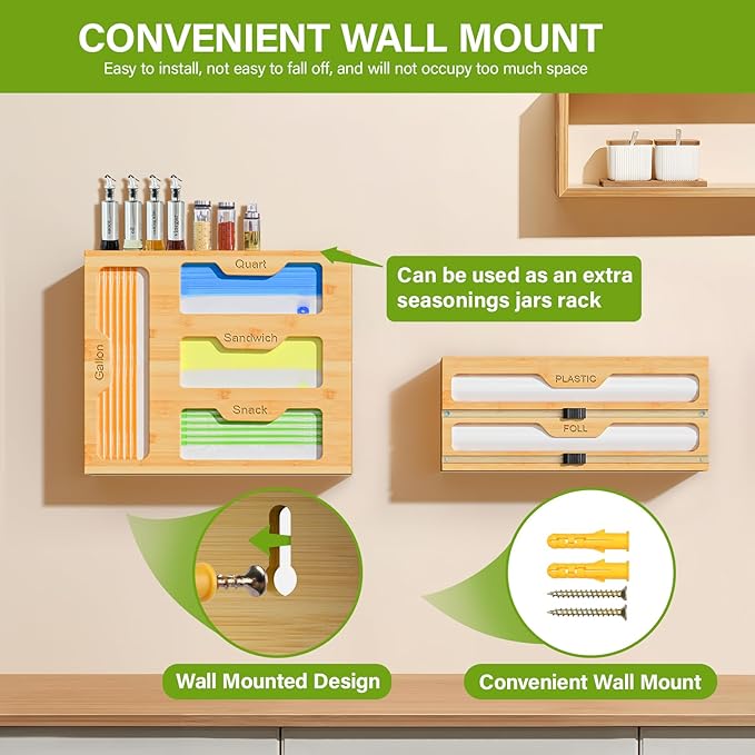 KOCWELL Bamboo Bag Storage Organizer - 2 Wrap Dispenser with Cutter & 4 Slots Food Storage Bags Container - Kitchen Drawer Plastic Bags Storage Organization for Gallon Quart Sandwich Snack Bags