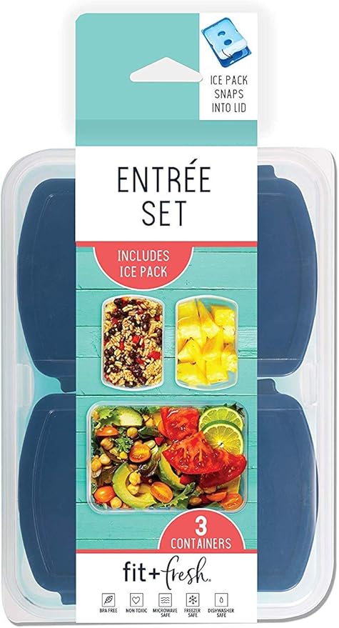 Fit & Fresh 216HL Entree Set with Ice Pack, 3 Reusable Portion Control Containers, BPA-Free, Microwave/Dishwasher Safe Lunch Box, Entrée, Blue