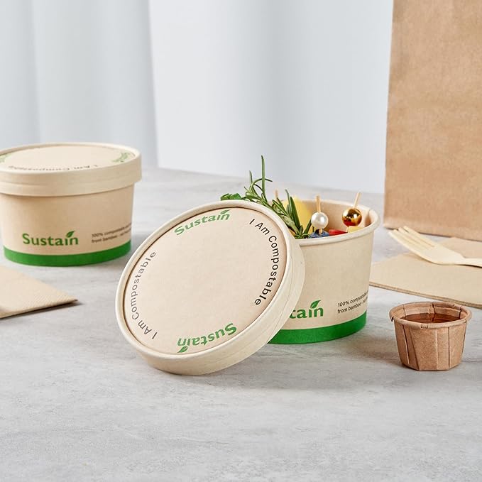 Restaurantware-LIDS ONLY: Sustain Round Paper Soup Container Lids, 50 Disposable Ice Cream Cup Lids - Cups Sold Separately, For 12 Ounce Cups, Bamboo To Go Cup Lids, With PLA lining, Compostable