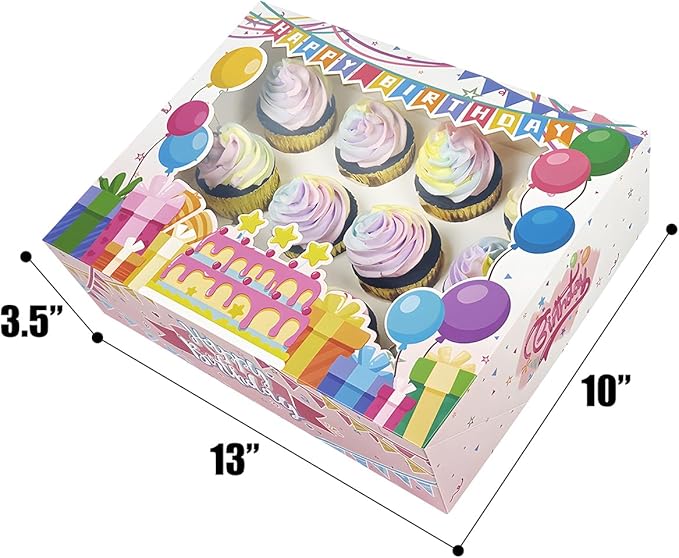 qiqee Birthday 16 Packs 12 Cupcake Boxes with Window, 13"x10"x3.5" Bakery Boxes for Cupcakes, 12 Cupcake Carriers