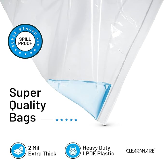 12 Large Storage Bags With Zipper Top - 5 Gallon Bags 18" x 24", Extra Large Plastic for Clothes, Travel, Moving, Large Reusable freezer bags, BPA-Free, 2-mil Thick