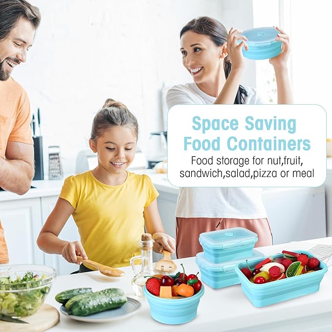 Yaomiao 16 Pack Collapsible Food Storage Containers with Lid Foldable 8 Pcs Rectangle Storage Bowl and 8 Pcs Round Silicone Food Bow for Lunch Rv Accessories Microwave Freezer Safe(Blue)