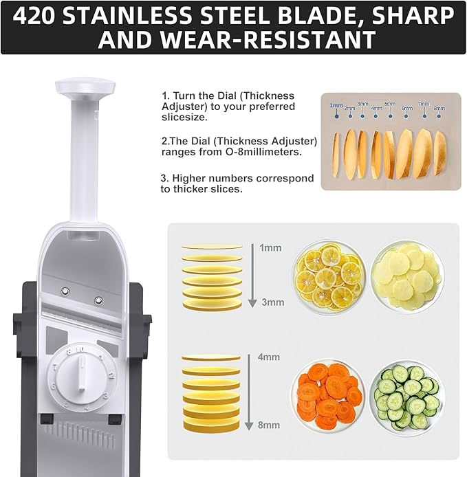 Safe Mandoline Slicer for Kitchen, Adjustable Thickness 0.1-8 mm, Professional Vegetable Slicer, Potato Slicer, Food Chopper French Fry Cutte, Mandolin, Chopping Artifact (just Slice, SkyGray)