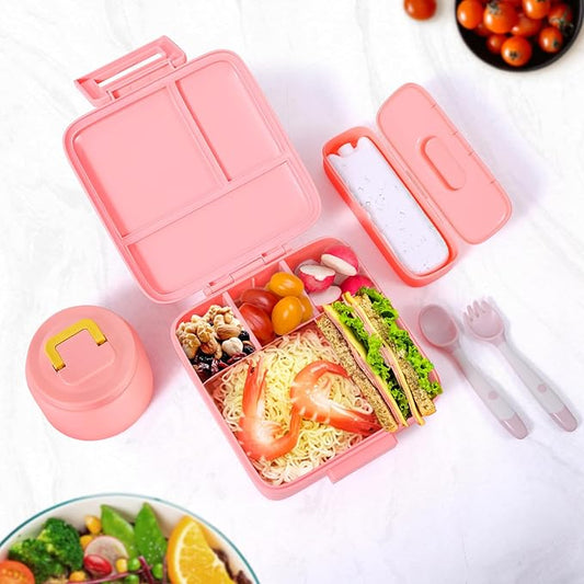 Bento Lunch Box for Kids With 8oz Soup Thermo,Leak-proof Lunch Containers with 5 Compartment,Thermo Food Jar and Lunch Bag, Food Containers for School (A-Pink（Unicorn - Mermaid）)