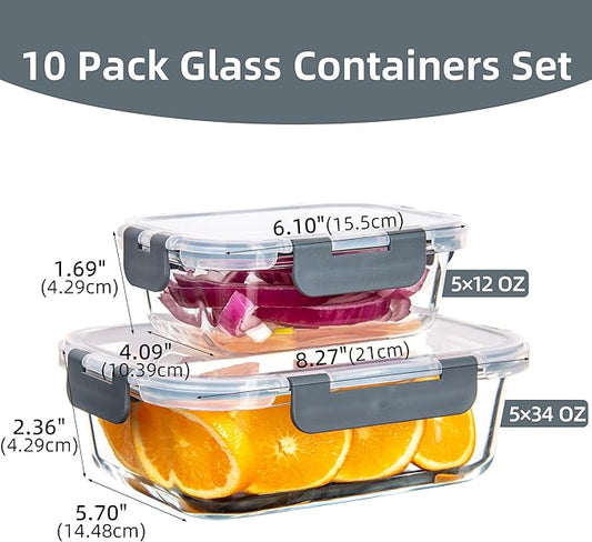 10 Pack Glass Food Storage Containers with Airtight Lids, Ideal for Meal Prep, Lunches - Microwave and Dishwasher Safe, Grey