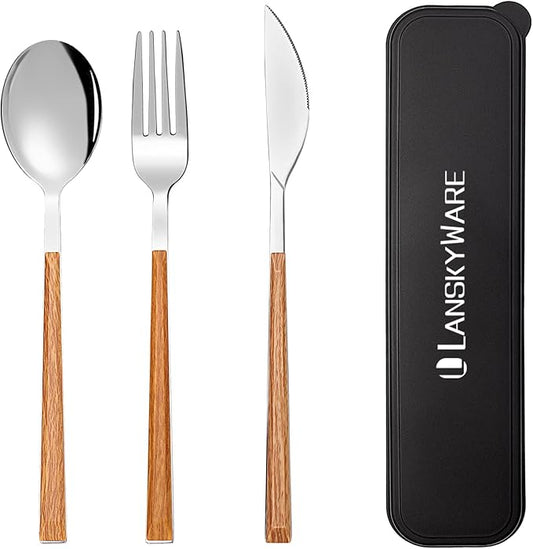 Portable Utensils Set with Case 18/8 Stainless Steel Silverware Sets Reusable Utensils Set Knife Fork and Spoon with Case 3 PCS Set Ideal for Travel Camping