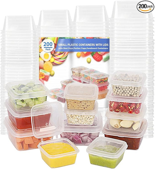 2/3/4/5oz Food Storage Containers with Lids Kits (200 pack), Small Plastic Containers with Lids, Disposable Condiment Portion Cups, Jello Shot Sauce Cups (Square)