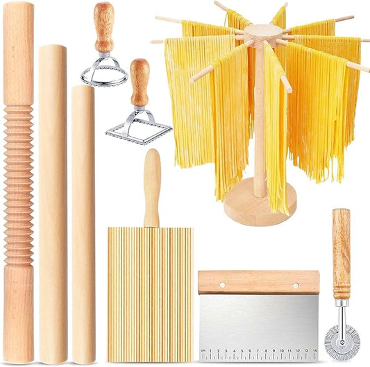 Pasta Making Tools, 9 Piece Wood Pasta Making Kit with 3 Rolling Pins, 1 Pasta Drying Rack, 1 Gnocchi Board, 1 Dough Cutter, 1 Ravioli Cutter, 2 Pasta Stamps, Ravioli Pasta Cutter Set for Pasta Maker