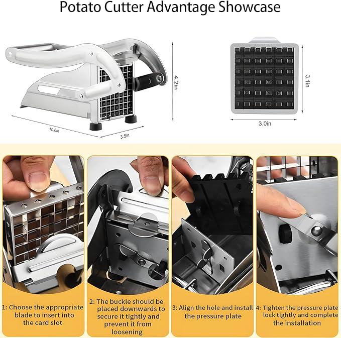 French Fry Cutter with 2 Blades, Potato Cutter, Professional Potato Cutter Stainless Steel, Potato Slicer for French Fries Vegetable Carrots Cucumbers, Stainless Steel French Fry Press