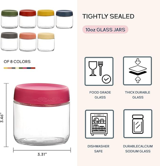 10 OZ Glass Food Jar Storage Containers with Airtight Lids, Reusable Wide Mouth Overnight Oats Glass Mason Jars for Snacks Yogurt Pudding(Multicolor 8pack)