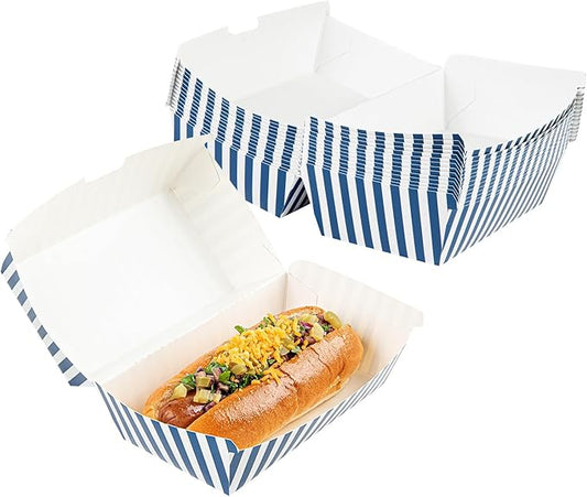 Restaurantware Bio Tek 6.7 x 3.5 x 3.5 Inch Clamshell Food Containers 100 Disposable Sandwich Containers - Hinged Lid Tab-Lock Closure Blue And White Paper Hot Dog Containers Greaseproof