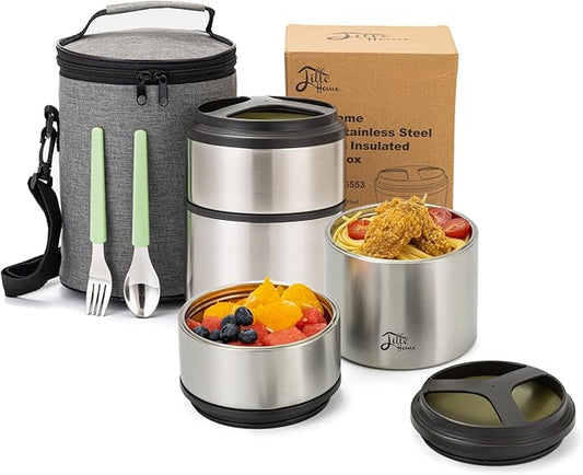 Lille Home 1500ml Thermos Food Flask, Vacuum Insulated Stackable Stainless Steel Thermal Lunch/Snack Box, 2-Tier Bento/Food Container with Lunch Bag