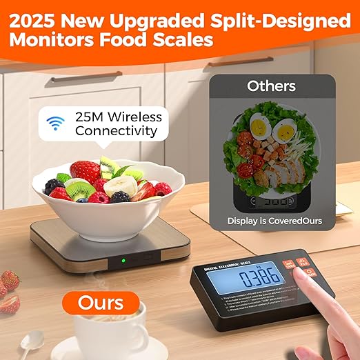 Food Scale with Split Wireless LCD Display, 33lb Digital Kitchen Scale with 7 Units Tare Function, 1g/0.1oz High Accurate Smart Cooking Scale for Baking/Cooking/Meal Prep/Milk/Dieting/Weight Loss