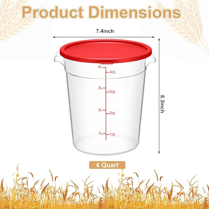 Suclain 4 Pcs 4 Qt Food Storage Container Bucket with Lids Clear Proofing Containers for Dough Rise Bread with Scale Handle Round Flour Commercial Storage Bucket for Home Restaurant Food(Red)