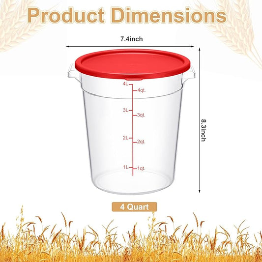 Suclain 4 Pcs 4 Qt Food Storage Container Bucket with Lids Clear Proofing Containers for Dough Rise Bread with Scale Handle Round Flour Commercial Storage Bucket for Home Restaurant Food(Red)