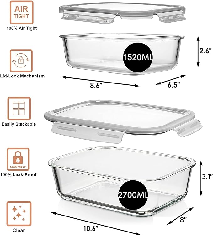 Large Glass Food Storage Containers 4 Pc (2700ML/ 91 Oz & 1520ML/ 51 Oz) Airtight Glass Storage Containers, Leak Proof BPA Free Food Storage Containers Glass (2 Lids 2 Containers) Oven to Freezer Safe