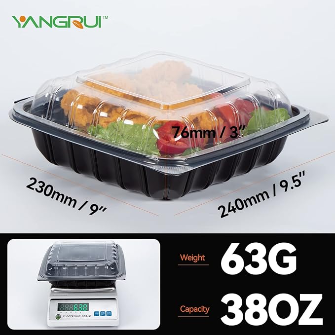 YANGRUI Take Out Containers, Reusable Large Capacity 45 Pack 9.5 Inch 38 oz BPA Free Anti-Fog Shrink Wrap Meal Prep Boxes Microwave Freezer Safe Plastic Hinged To Go Container
