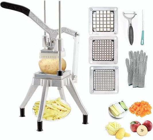 Upgrade Stainless Steel Vegetable Cutter: Ideal for potatoes, tomatoes, peppers, mushrooms.3 Replacement Blades (1/4", 3/8", 1/2") for various widths. Doubles cutting efficiency.