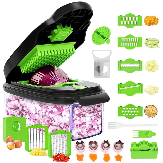 19 in 1 Vegetable Chopper Disney Mold Food Dicer with Wave Blade for Viral Social Media Recipes (Black & Green 13 in1)