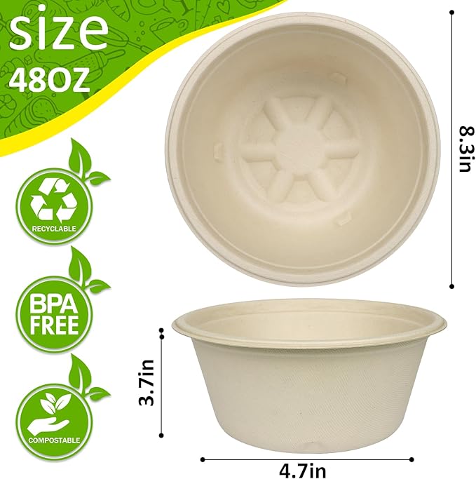 Paper Bowls, 100% Compostable Disposable Soup/Salad Bowls 48 Oz 50 Pack, PFAS-Free BPI Certified Eco-Friendly Hot/Cold Food Bowls, Natural Brown