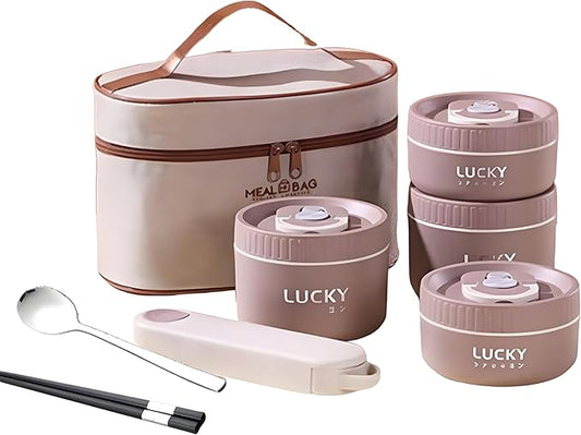Stainless Steel Lunch Box, 3-Tier Insulated Bento Box Microwave Safe Soup Bowl for Adults, Thermal Food Container for Office Workers (Brown, 4pcs + Tableware + Insulated Bag)