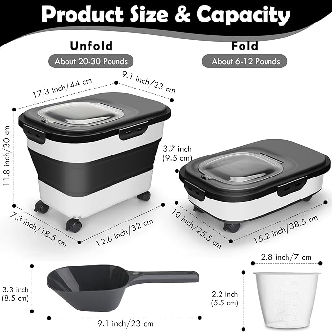Rice Storage Container, 20Lbs Flour Container, Airtight Large Pet Dog Cat Food Storage Dispenser Bin with Wheels, Scoop & Measuring Cup, Collapsible Kitchen Dry Food Holder for Rice Cereal Kibble