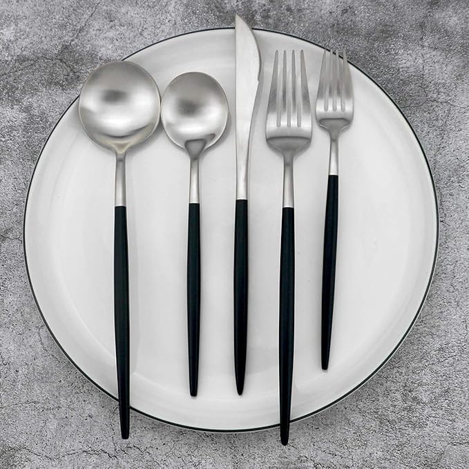 20-Piece 18/10 Stainless Steel Flatware Silverware, Luxury Dinnerware Set Travel Cutlery Tableware Include Knife Fork Spoon Service for 4, Dishwasher Safe (Black Handle Matte Silver)
