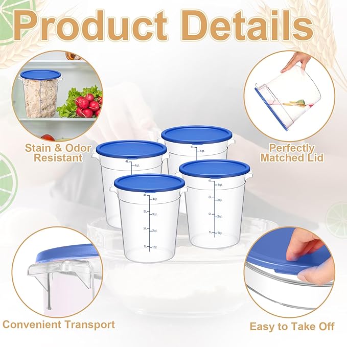 Suclain 4 Pcs 4 Qt Food Storage Container Bucket with Lids Clear Proofing Containers for Dough Rise Bread with Scale Handle Round Flour Commercial Storage Bucket for Home Restaurant Food