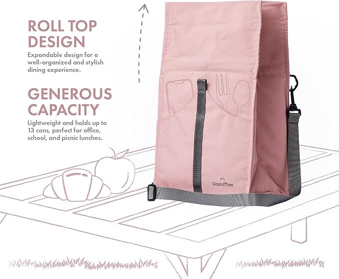 GRANDTIES Insulated Lunch Bag for Women, Men, Adults - Rolltop Leak Proof Meal Prep Lunch Box Containers, Reusable Snack Bags, Travel Cooler, Small Soft Cooler Bag, Fold Top Sandwich Bags, Pink