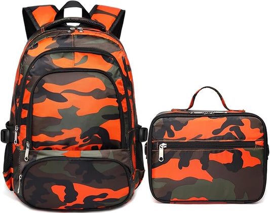 BLUEFAIRY Boys Backpacks Set for Kids Elementary School Bag with Lunch Box Teens Primary Middle School Book Bags Bookbag Schoolbag Sturdy Travel Lightweight Gifts Camo Orange
