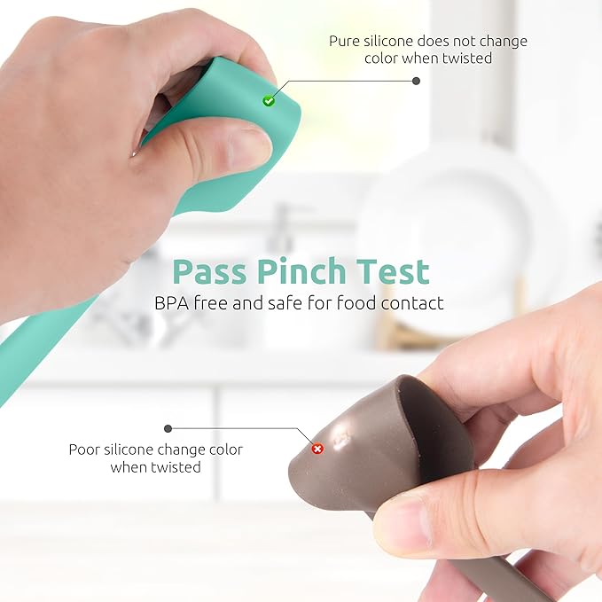 18/8 Stainless Steel Measuring Spoons Set for Dry and Liquid Ingredients (Set of 6), and 9×2inch 600ºF Heat-Resistant Food-Grade Small Mini Silicone Spatula (Aqua Sky)