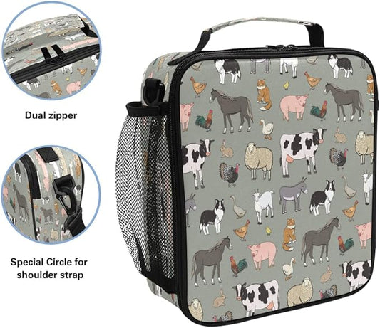 Nander Cartoon Farm Animals Lunch Box for Girls Kids Cooler Insulated Lunch Tote Bag with Shoulder Strap for School