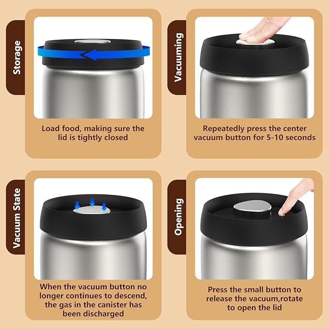 Coffee Vacuum Canister - 16oz Airtight Stainless Steel Food Storage | Press Out Excess Air, Perfect for Coffee Beans & Tea