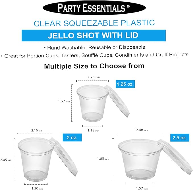 Party Essentials Squeezable Plastic Gelatin/Jello Shot Glasses/Portion Souffle Cups/Condiment Sauce Containers with Lids, 100 Sets, 2.5 oz. Clear
