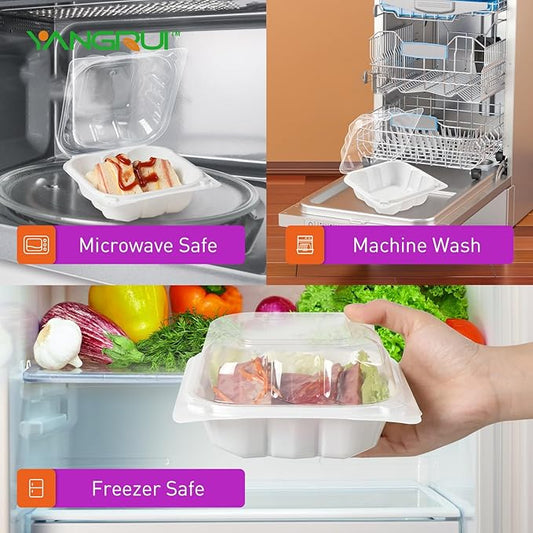 YANGRUI To Go Containers, Reusable Anti-Fog Shrink Wrap 55 Pack 6 Inch 15 OZ White Plastic Burger Boxes BPA Free Microwave Freezer Safe Hinged Clamshell Take Out Container